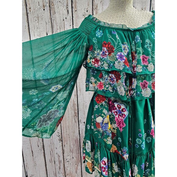 Camilla Green Off Shoulder Long Sleeve Short Dress Crystals Peasant Festival M - Picture 2 of 11